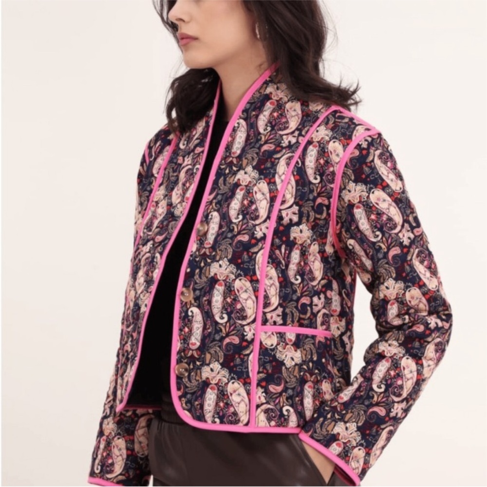 Daphnea Paris Quilted Jacket Paisley Pink Black Multicolored Reversible sz Med